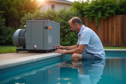Homme d'âge moyen ajustant une pompe à chaleur de piscine en extérieur