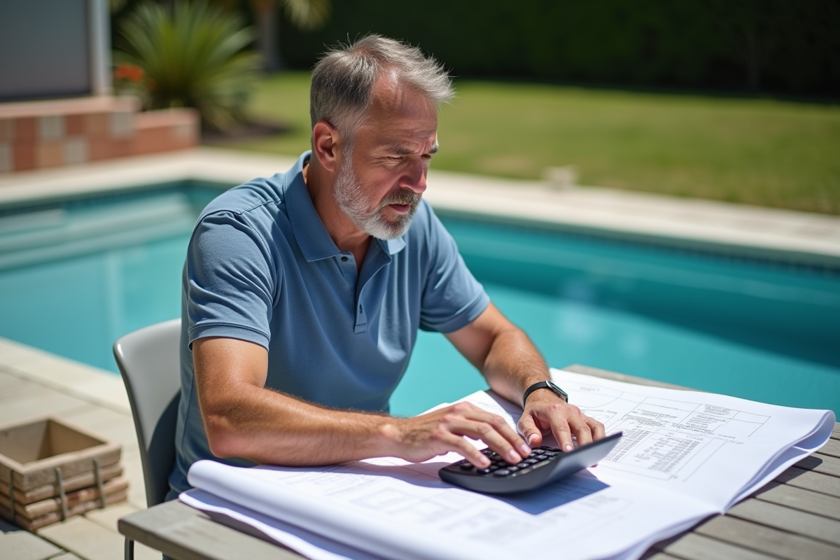 Homme en jeans et polo planifiant la construction de la piscine