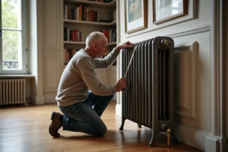 Homme moyenâgeux mesurant un radiateur ancien dans un salon parisien