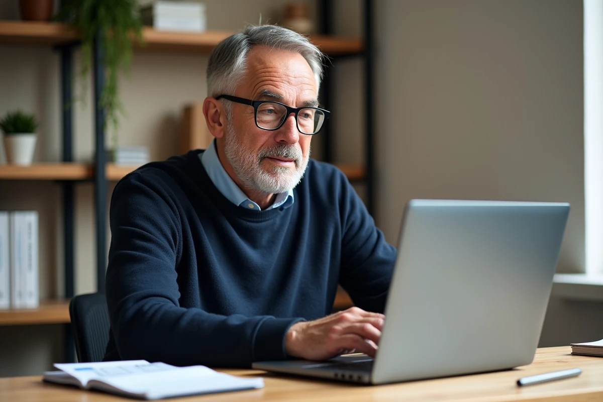 Homme consultant un configurateur de véranda en ligne sur son ordinateur portable avant un rendez-vous