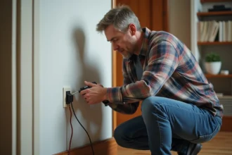 Homme d'âge moyen changeant une prise TV dans un salon