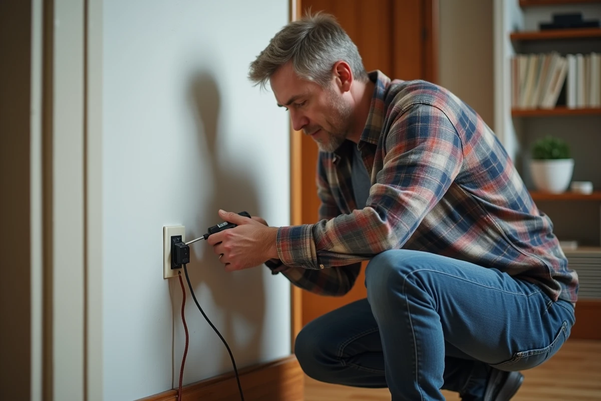 Homme d'âge moyen changeant une prise TV dans un salon