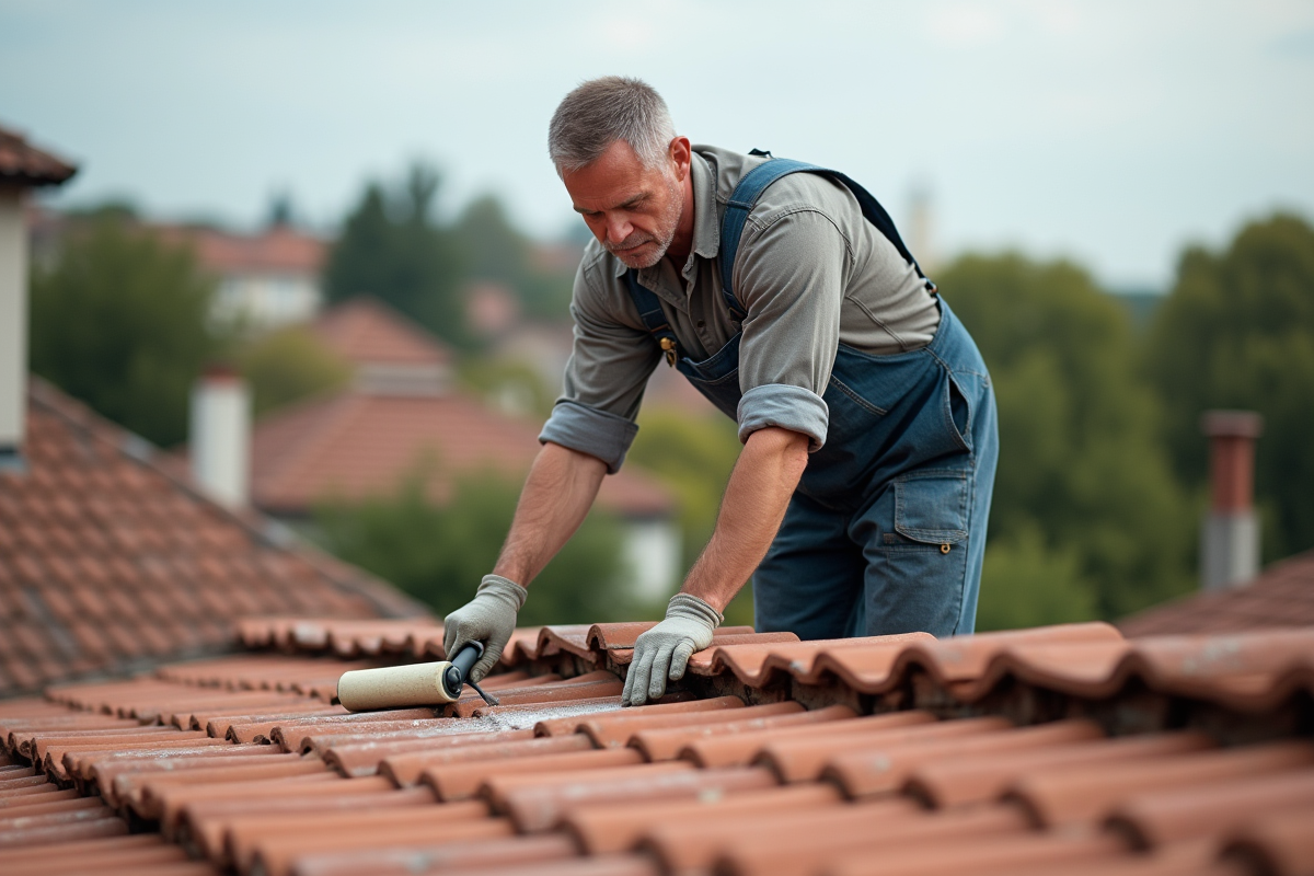 Homme en tenue de travail appliquant un scellant sur des tuiles rouges
