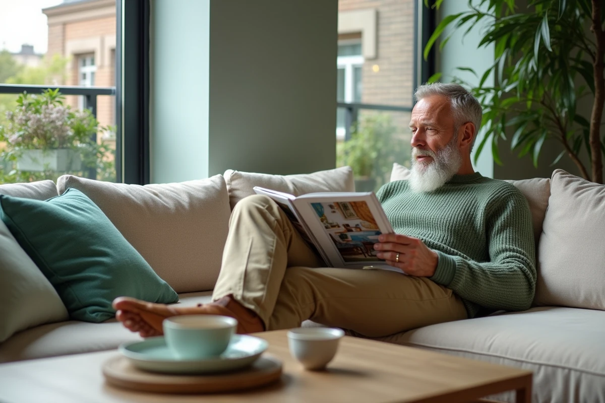 Homme lisant magazine de décoration dans un salon moderne
