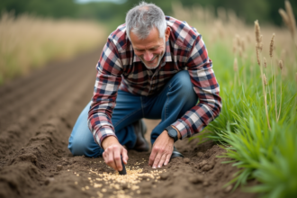 Homme en jeans plantant des graines dans un champ en transition