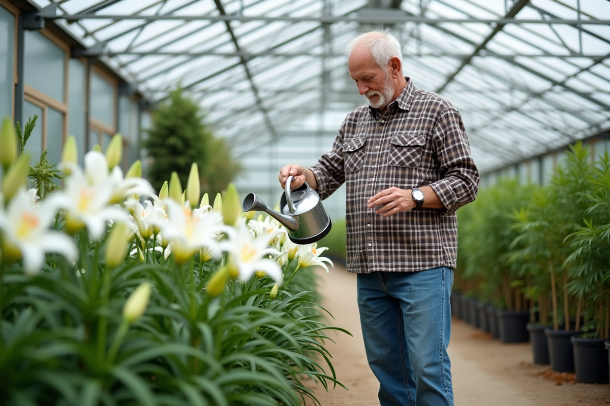 Homme âgé dans une serre en train d