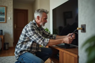 Homme vérifiant une prise coaxiale dans un salon moderne