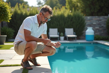 Homme d'âge moyen inspectant l'eau d'une piscine salée dans un jardin
