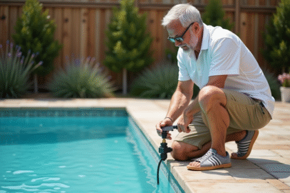 Homme d'âge moyen vérifiant la vanne de la piscine extérieure