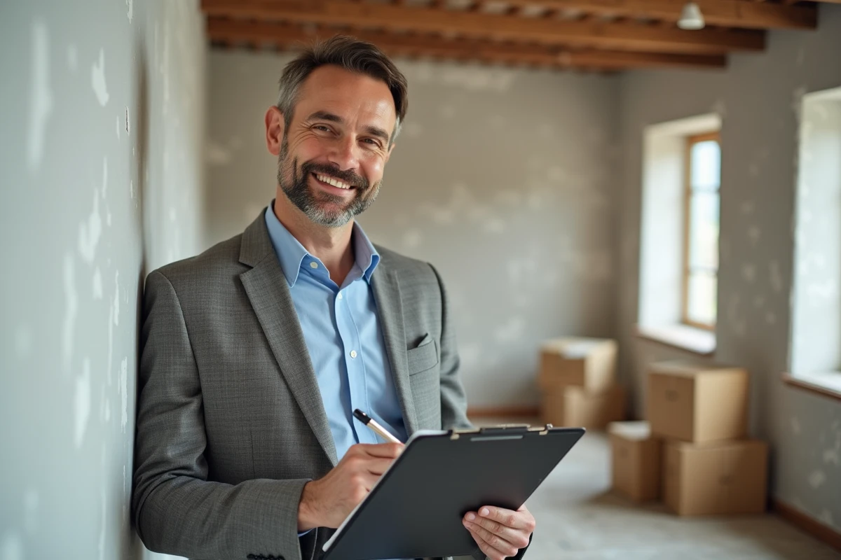 Homme contrôlant une pièce en renovation avec un carnet