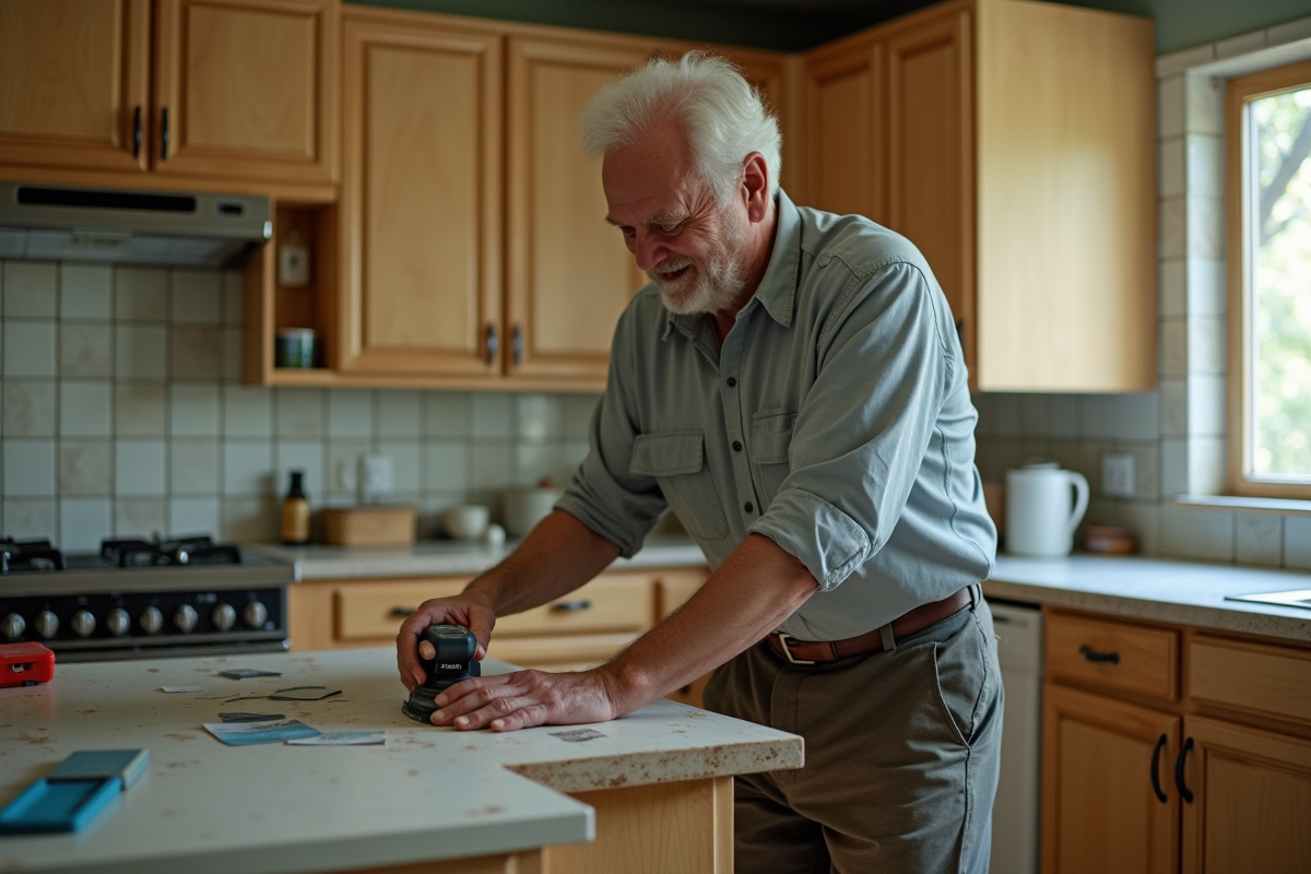 Homme âgé ponçant une porte de meuble dans une cuisine ancienne