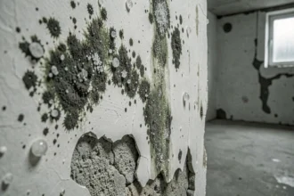 Moisissures et efflorescence sur un mur porteur intérieur humide avec plâtre décollé