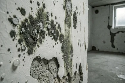 Moisissures et efflorescence sur un mur porteur intérieur humide avec plâtre décollé