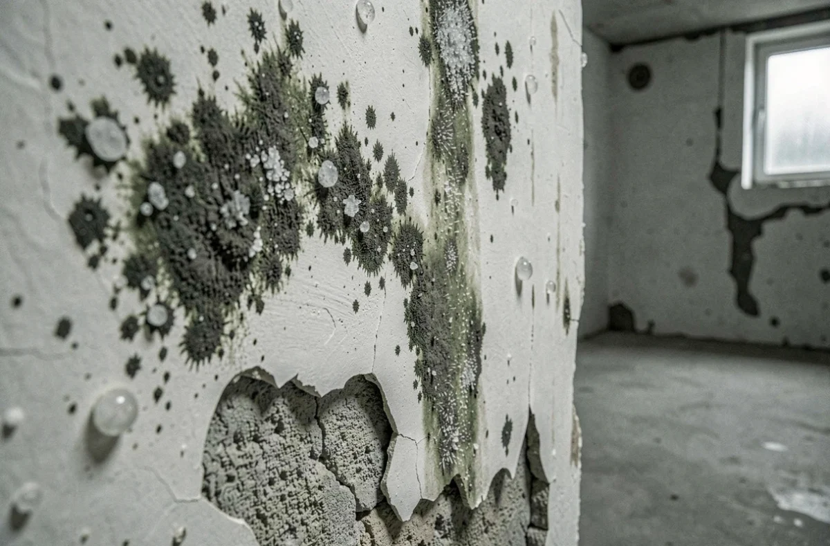 Moisissures et efflorescence sur un mur porteur intérieur humide avec plâtre décollé