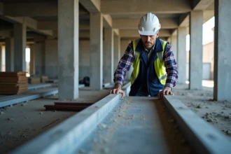 Ingénieur en structure examinant une poutre IPN en acier sur un chantier de construction industriel