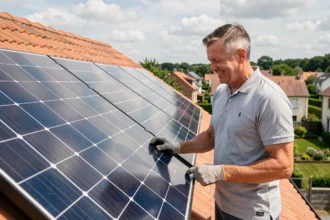 Un homme inspecte des panneaux solaires installés sur le toit d'une maison résidentielle en France