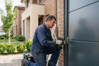Homme en overalls installe un portail de garage neuf