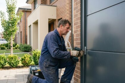 Homme en overalls installe un portail de garage neuf