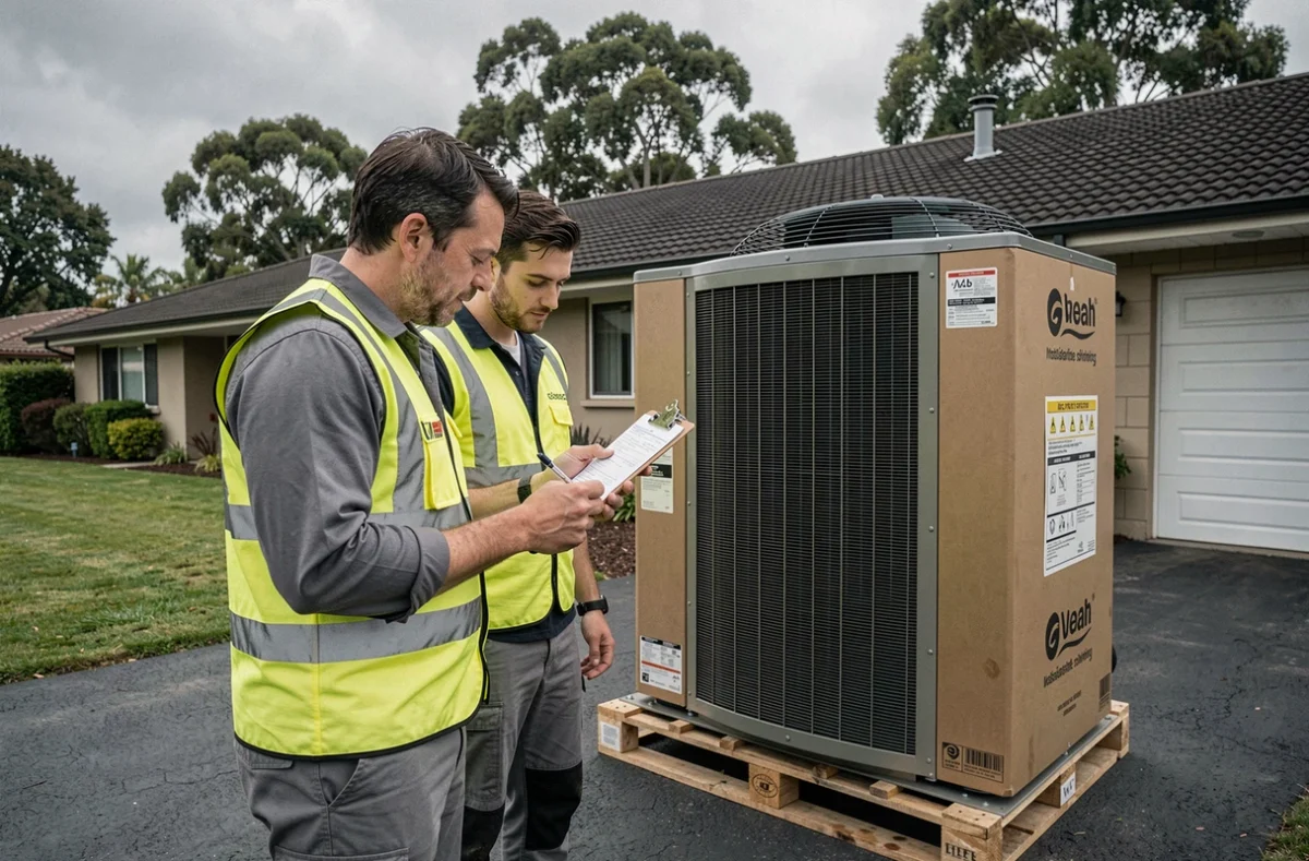 Deux installateurs examinant le devis de pose d'une pompe à chaleur Daikin 14 kW devant un pavillon