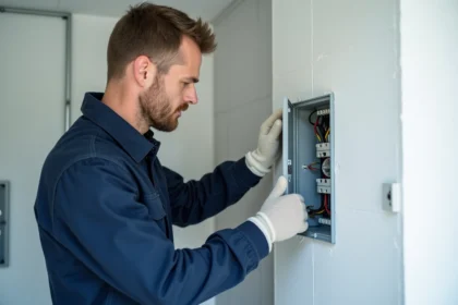 Électricien en combinaison bleue installant un tableau GTL dans un appartement moderne, avec rails et goulotte apparents