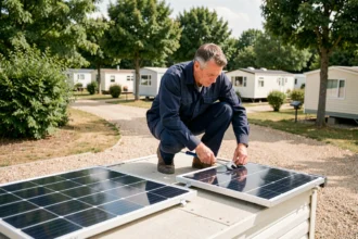 Technicien installant un panneau solaire sur le toit d'un mobil home dans un camping