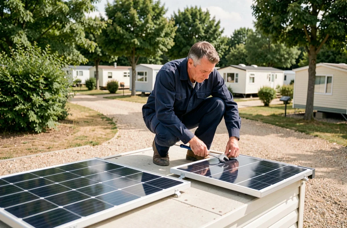 Technicien installant un panneau solaire sur le toit d'un mobil home dans un camping