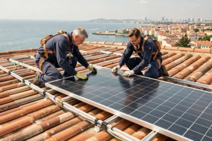 Techniciens installant des panneaux solaires sur un toit en tuiles à Toulon avec vue sur la côte méditerranéenne