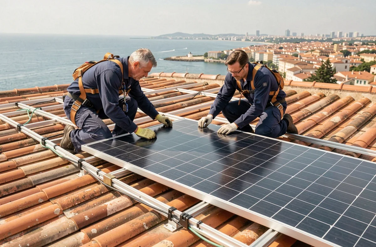 Techniciens installant des panneaux solaires sur un toit en tuiles à Toulon avec vue sur la côte méditerranéenne