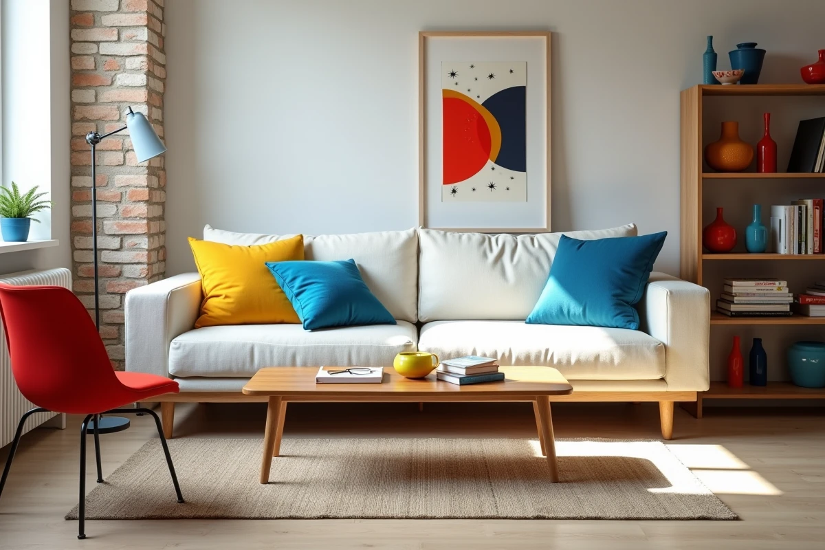 Salon scandinave avec coussins graphiques pop art et chaise tulipe rouge intégrés dans une décoration existante minimaliste