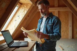 Homme examinant un isolant en fibre de bois dans un grenier
