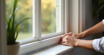 Isolation fenêtre : comment isoler sans la changer ? Astuces efficaces pour une isolation fenêtre optimale Personne posant du ruban d'étanchéité sur une fenêtre blanche dans un salon lumineux
