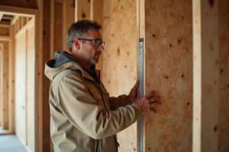 Professionnel du bâtiment mesurant un panneau isolant en fibre de bois Homatherm dans une ossature bois en cours de rénovation, conformité RT 2026