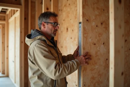 Professionnel du bâtiment mesurant un panneau isolant en fibre de bois Homatherm dans une ossature bois en cours de rénovation, conformité RT 2026