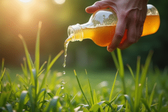 Main de jardinier versant un liquide sur mauvaises herbes