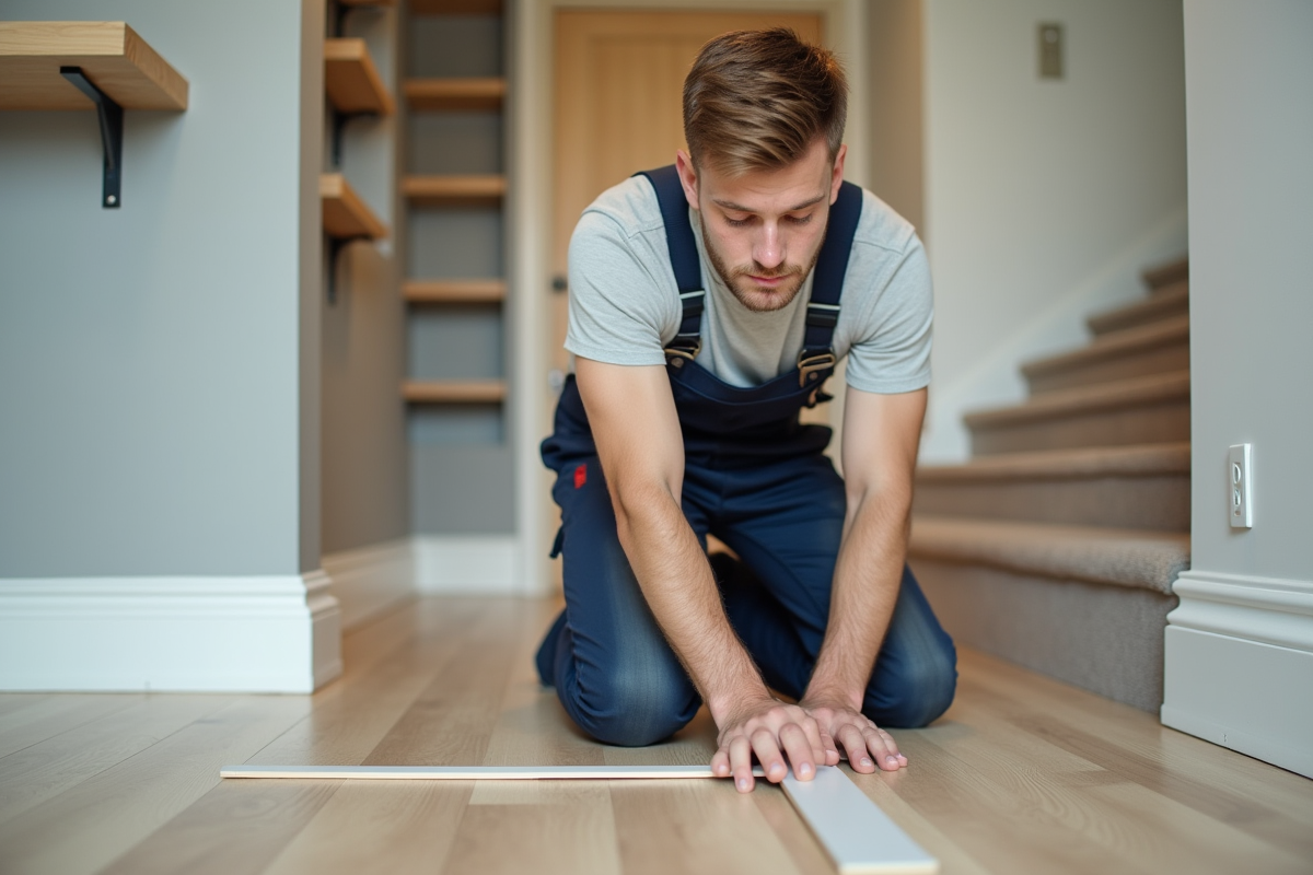 Jeune artisan posant des plinthes dans un sous-sol fini