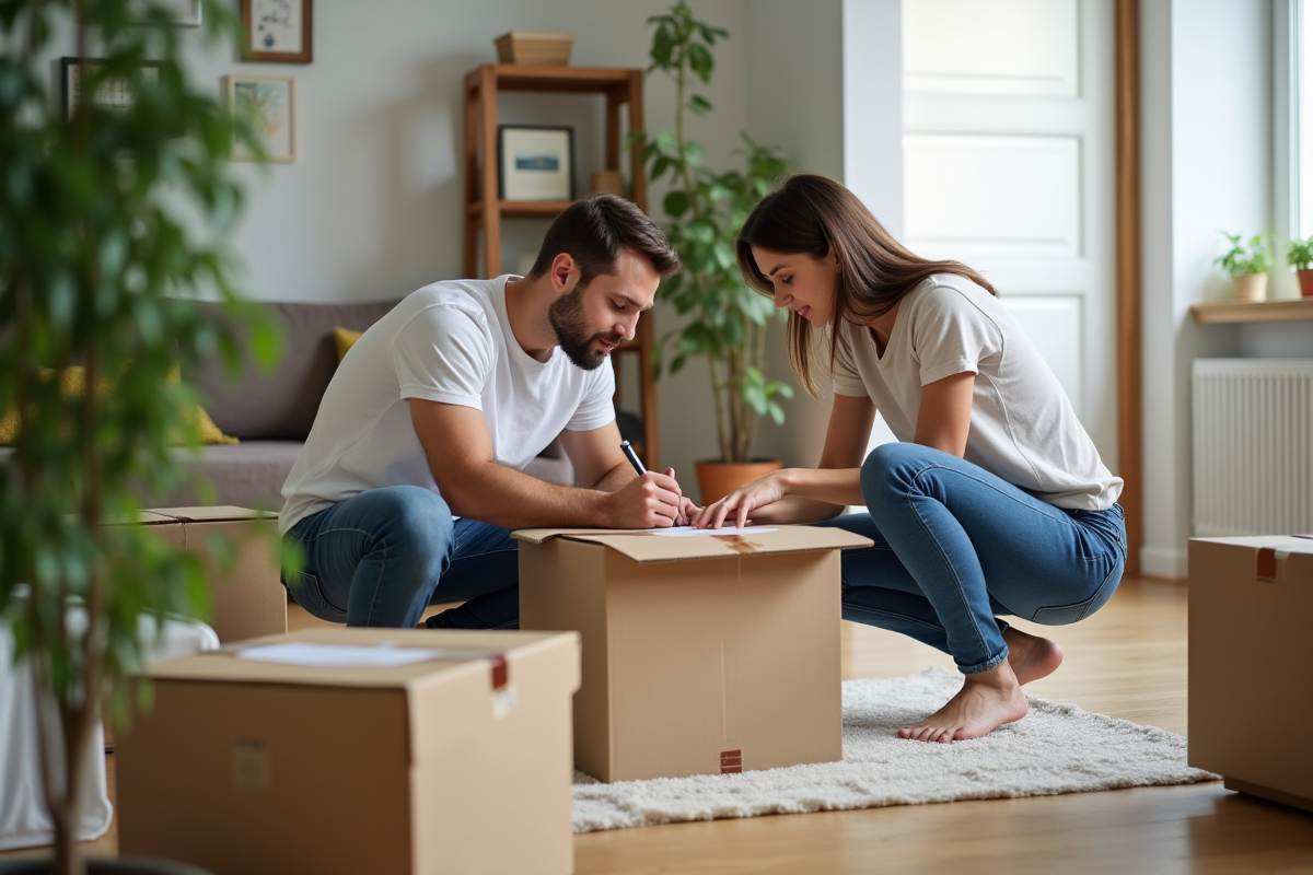 Jeune couple emballant des cartons dans un salon lumineux