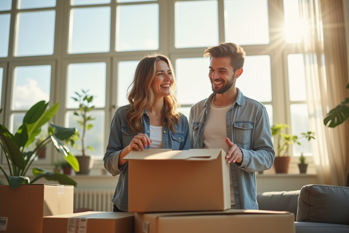 Jeune couple souriant organisant des cartons dans un salon lumineux