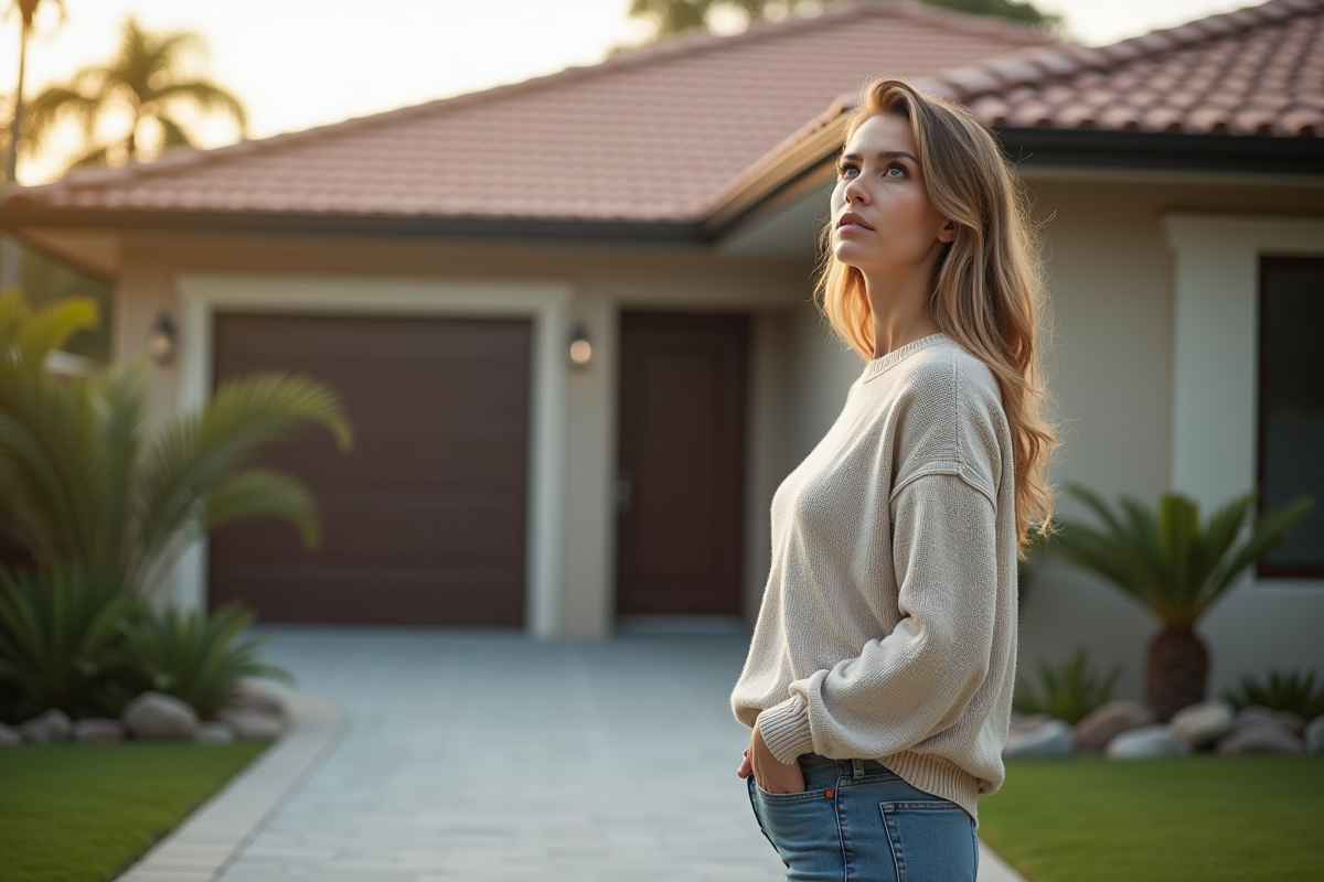Jeune femme regardant son toit en tuiles depuis l’allée