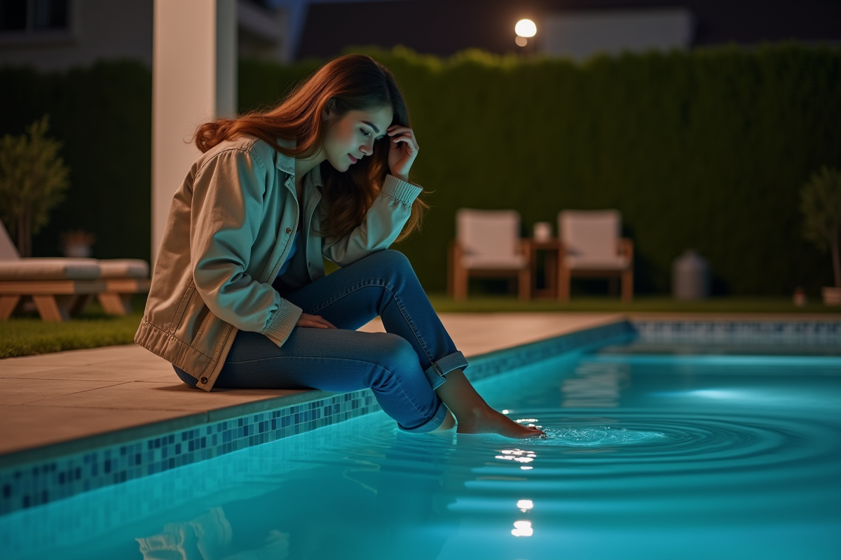 Femme assise au bord de la piscine touchant l
