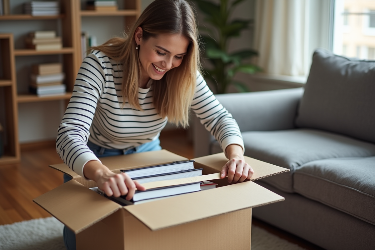 Jeune femme emballant des livres dans une boîte dans un salon cosy