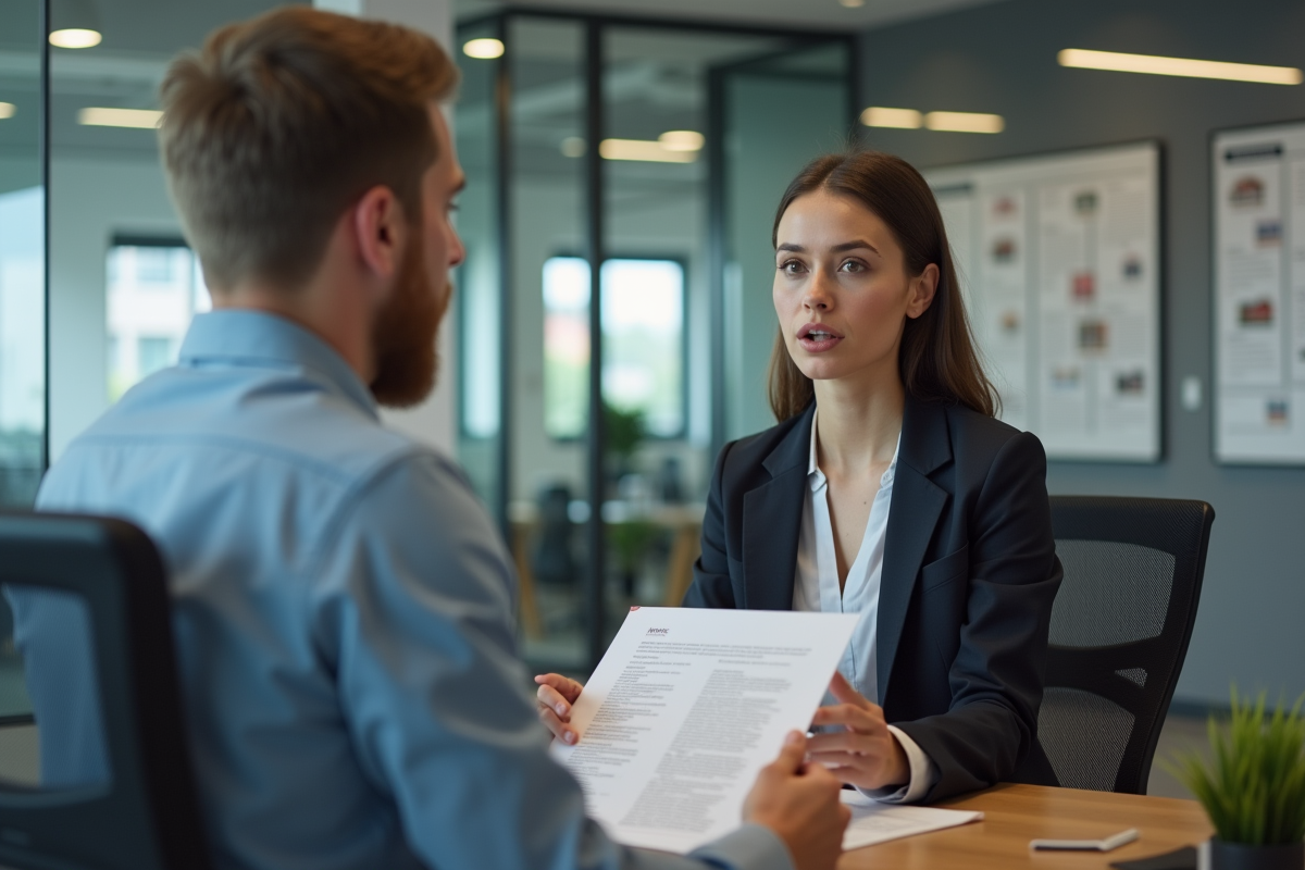Jeune femme en costume expliquant un document immobilier