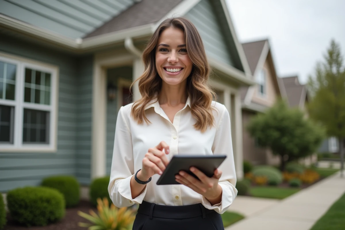Jeune femme avec tablette devant une maison rénovée dans un quartier résidentiel