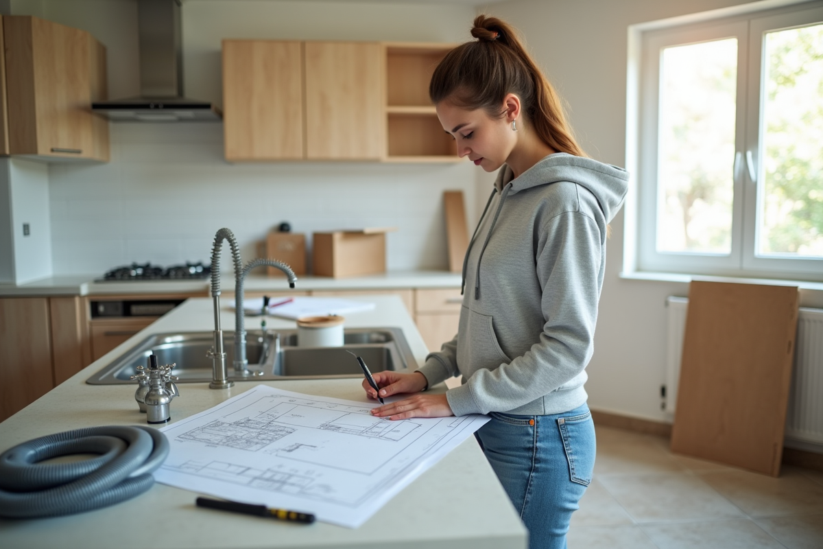 Jeune femme en jeans et hoodie étudie plans de plomberie dans cuisine