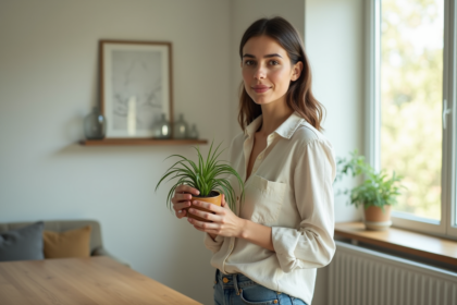 Jeune femme tenant une plante verte dans un salon lumineux