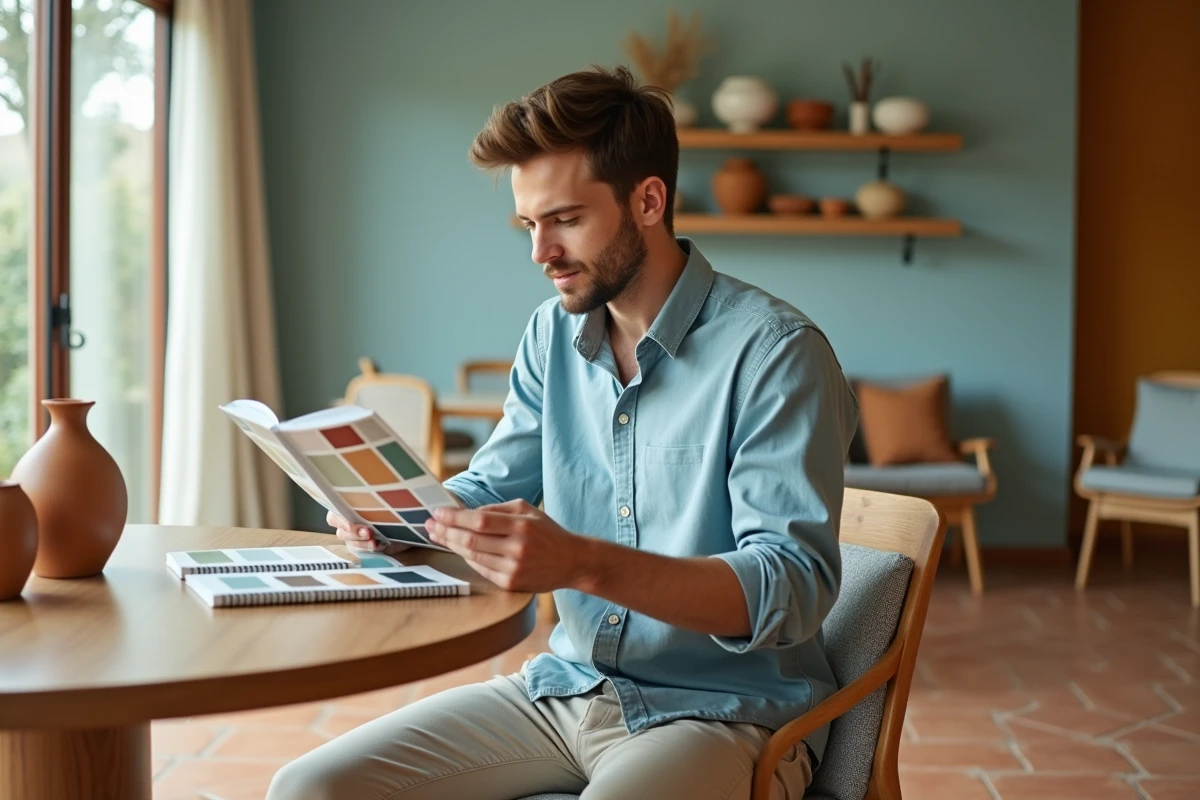 Jeune homme choisissant une palette de couleurs dans une véranda
