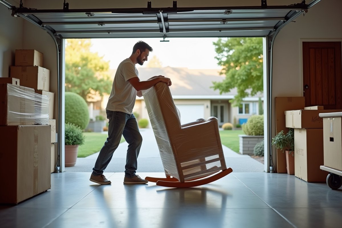 Jeune homme déplaçant une chaise emballée dans un garage
