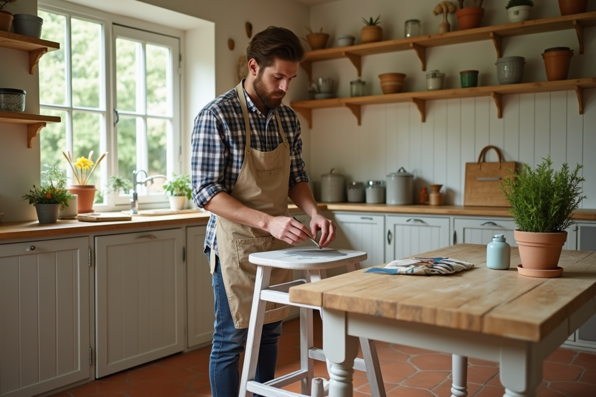 Jeune homme peignant un tabouret en bois dans une cuisine lumineuse