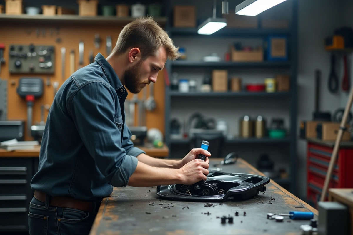 Jeune homme réparant une pièce de voiture en plastique noir