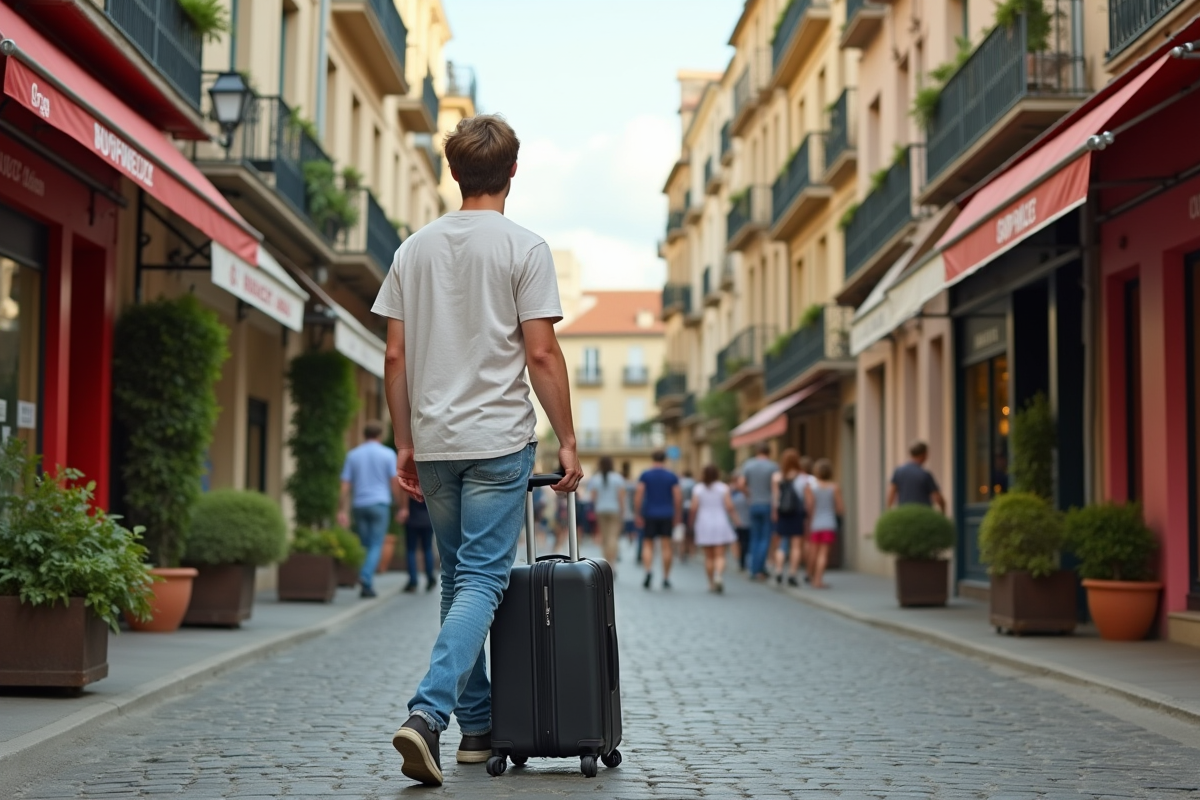 Jeune homme avec valise dans une rue pavée de ville française