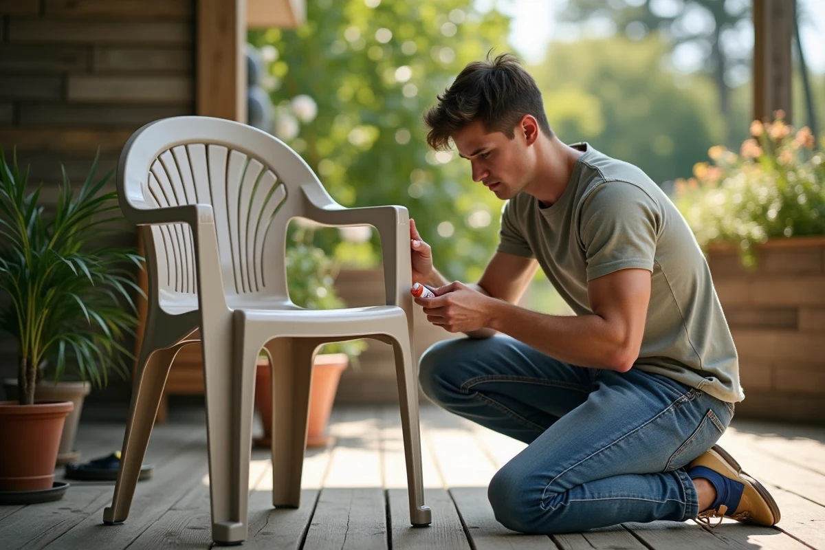 Jeune homme réparant une chaise en plastique dehors
